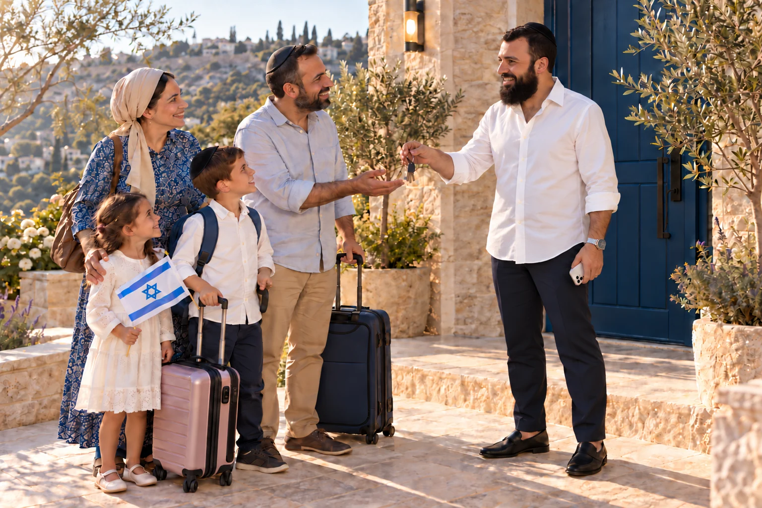 Illustration of a Jewish family with suitcases outside their home in Israel, a child holding an Israeli flag and Joseph Dery handing over the keys